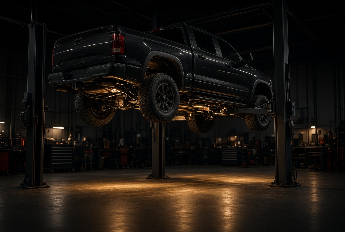 Truck raised on a lift in a dark shop